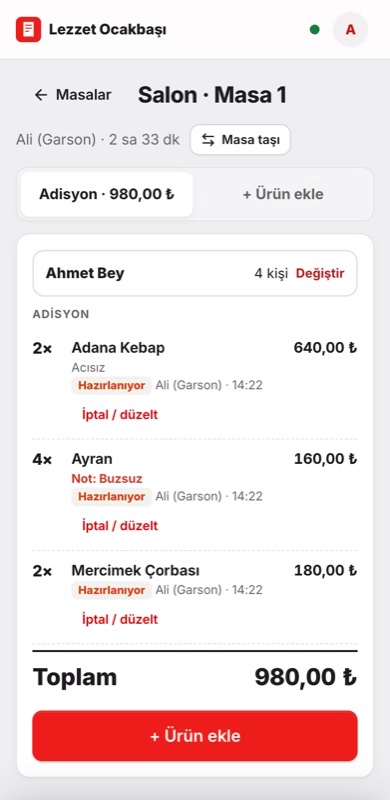 Masanın adisyonu ve Mutfağa Hatırlat butonu