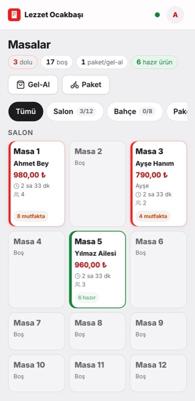 Garson telefonunda masa düzeni ve Siparişlerim