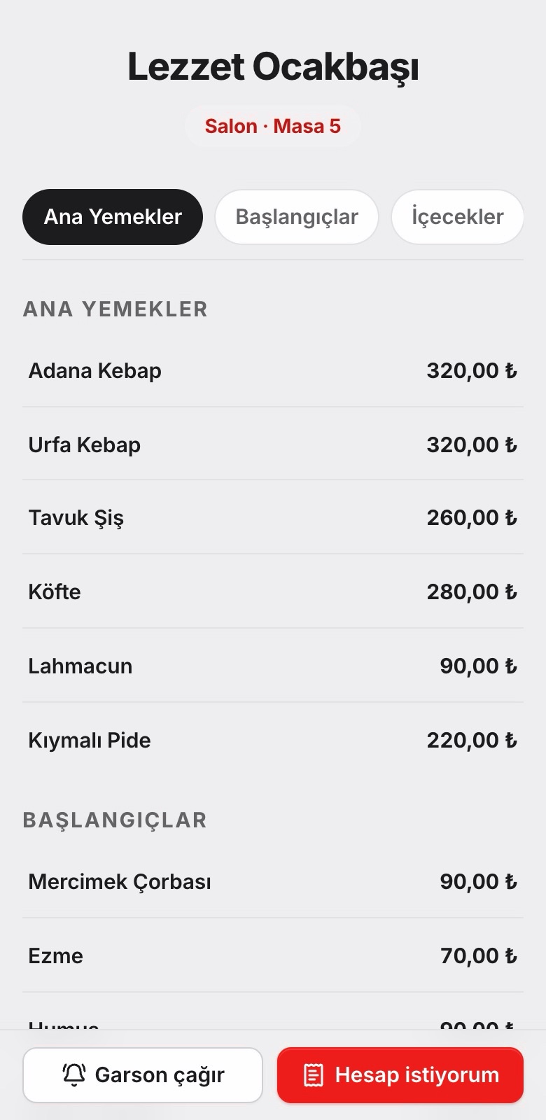 Müşteri telefonunda QR menü ve Garson / Hesap çağrı butonları